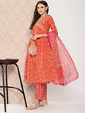 Yufta Orange Floral Printed Regular Sequinned Pure Cotton Kurta with Trousers & Dupatta Set | Grocsy