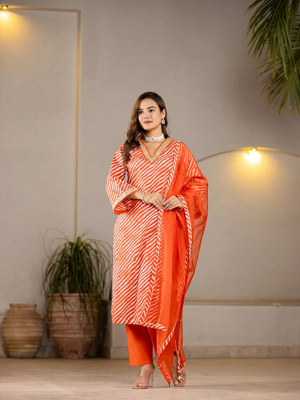 Yufta Orange Leheriya Print Cotton Straight Suit Set | Grocsy