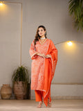 Yufta Orange Leheriya Print Cotton Straight Suit Set | Grocsy