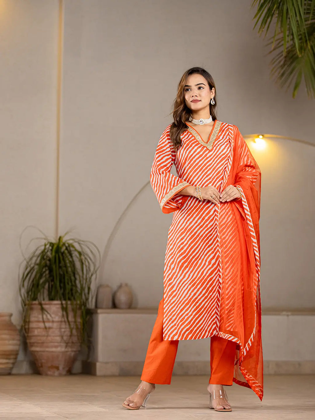 Yufta Orange Leheriya Print Cotton Straight Suit Set | Grocsy