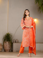 Yufta Orange Leheriya Print Cotton Straight Suit Set | Grocsy