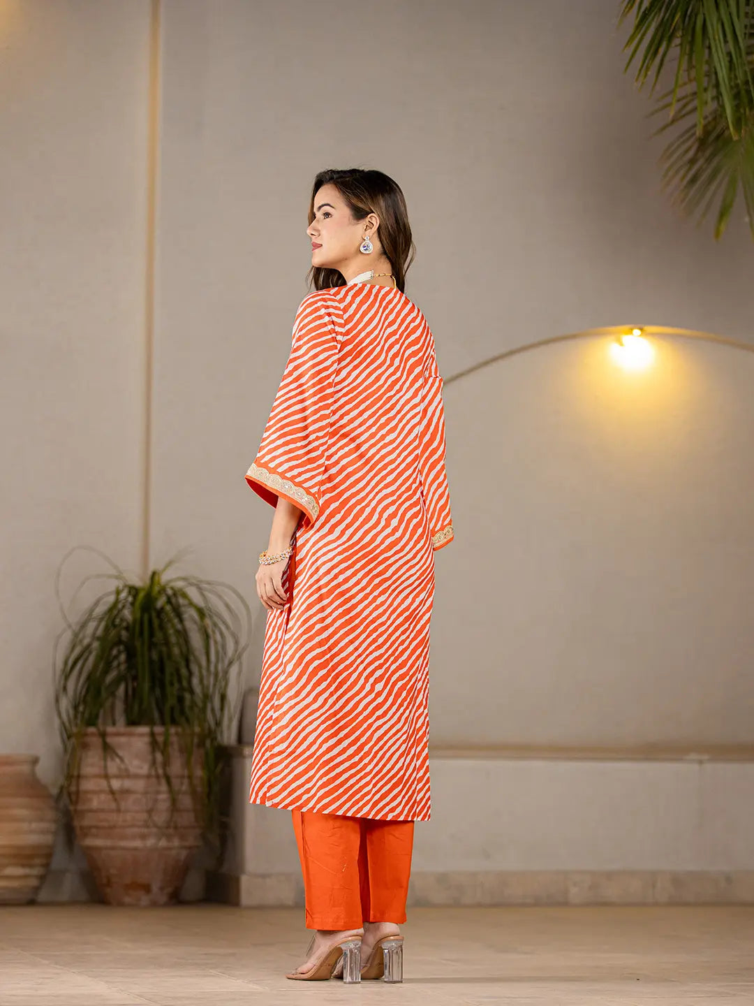 Yufta Orange Leheriya Print Cotton Straight Suit Set | Grocsy