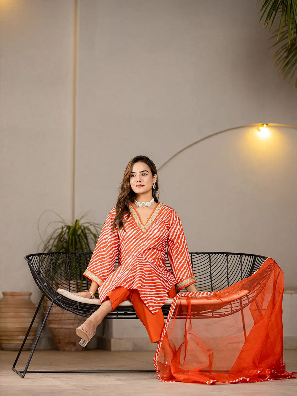 Yufta Orange Leheriya Print Cotton Straight Suit Set | Grocsy