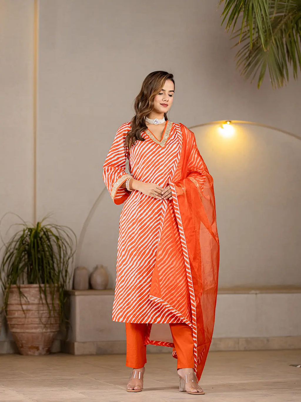 Yufta Orange Leheriya Print Cotton Straight Suit Set | Grocsy
