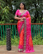 Lorenvalley Premium Pure Bandhej Tapeta Soft light weight silk saree with zari weaving Border - Multicolor | Grocsy