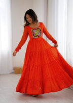 Lorenvalley Fashion Women Pure Soft Faux Georgette Leheriya Print Anarkali Gown | Grocsy