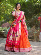 Lorenvalley Orange Jacquard Silk Paithani Weaving Zari Lehenga Choli with Dupatta | Grocsy