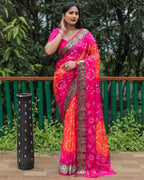 Lorenvalley Premium Pure Bandhej Tapeta Soft light weight silk saree with zari weaving Border - Multicolor | Grocsy