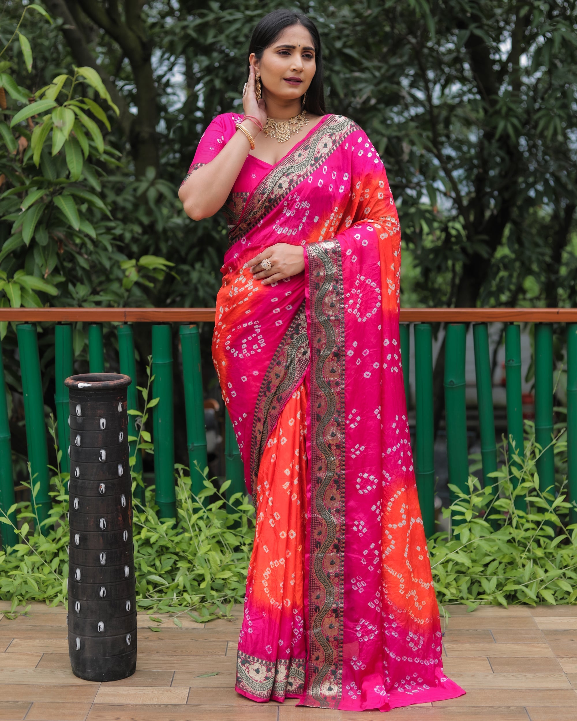 Lorenvalley Premium Pure Bandhej Tapeta Soft light weight silk saree with zari weaving Border - Multicolor | Grocsy