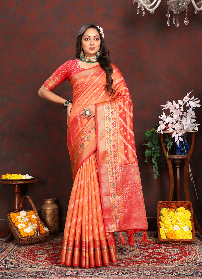 Lorenvalley Fashion Orange Organza Silk Woven Design with Rich Meenakari Weaving Pallu Saree | Grocsy