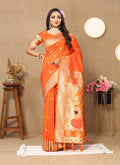Lorenvalley Fashion Orange Soft Paithani Silk Woven Design Rich Zari Meenakari Weaving Saree | Grocsy