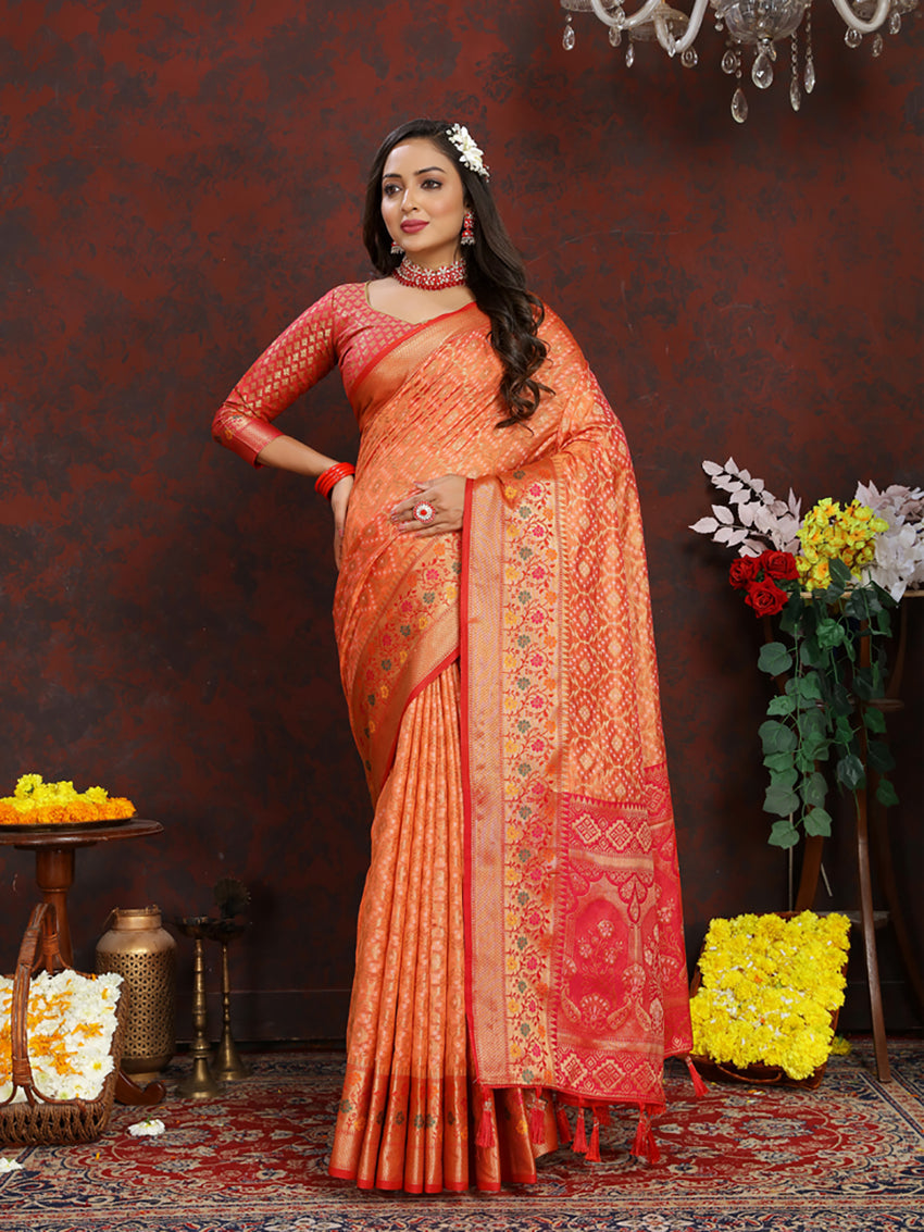 Lorenvalley Fashion Orange Organza Silk Woven Design with Rich Meenakari Weaving Pallu Saree | Grocsy