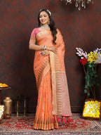 Lorenvalley Fashion Orange Soft Katan Silk Woven Design Zari Weaving Pallu Saree | Grocsy