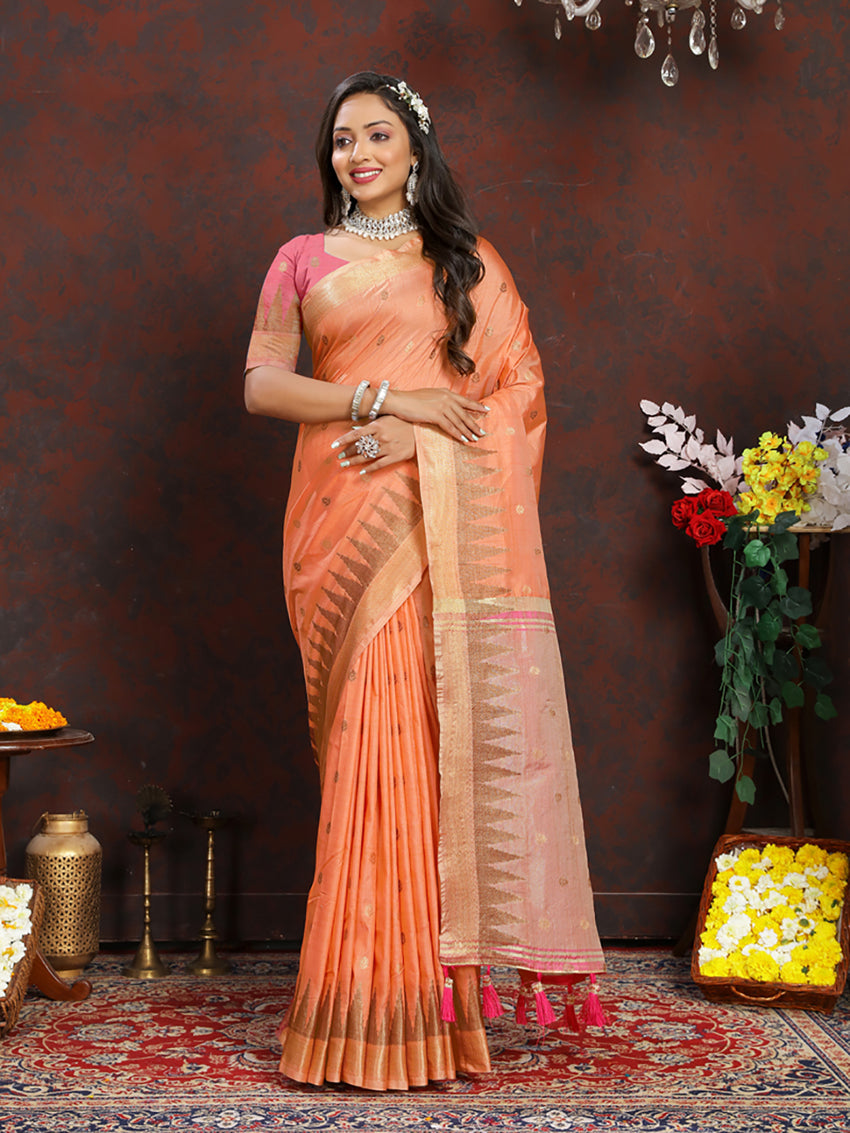 Lorenvalley Fashion Orange Soft Katan Silk Woven Design Zari Weaving Pallu Saree | Grocsy