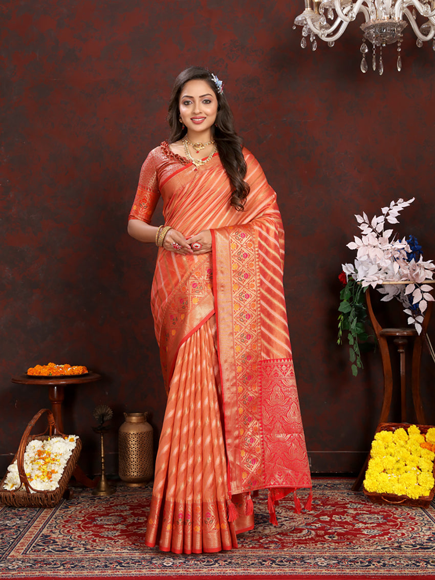 Lorenvalley Fashion Orange Organza Silk Woven Design with Rich Meenakari Weaving Pallu Saree | Grocsy