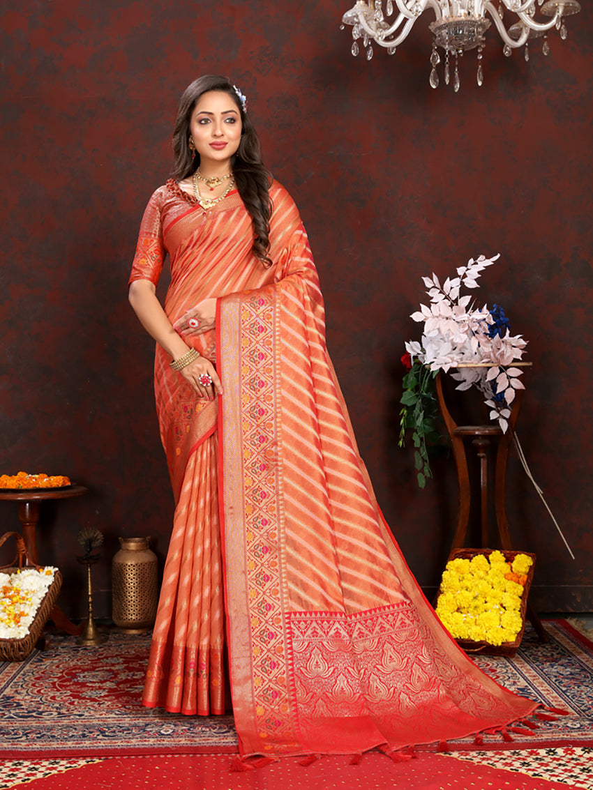 Lorenvalley Fashion Orange Organza Silk Woven Design with Rich Meenakari Weaving Pallu Saree | Grocsy