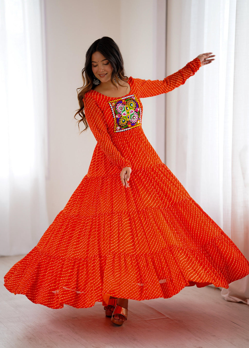 Lorenvalley Fashion Women Pure Soft Faux Georgette Leheriya Print Anarkali Gown | Grocsy