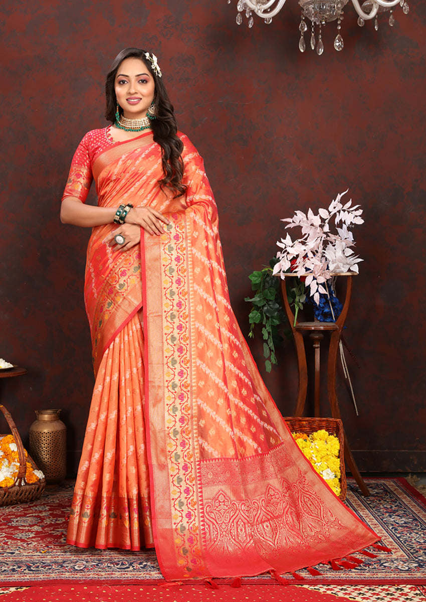 Lorenvalley Fashion Orange Organza Silk Woven Design with Rich Meenakari Weaving Pallu Saree | Grocsy