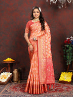 Lorenvalley Fashion Orange Organza Silk Woven Design with Rich Meenakari Weaving Pallu Saree | Grocsy