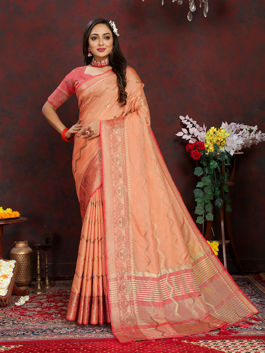 Lorenvalley Fashion Orange Soft Katan Silk Woven Design Zari Weaving Pallu Saree | Grocsy
