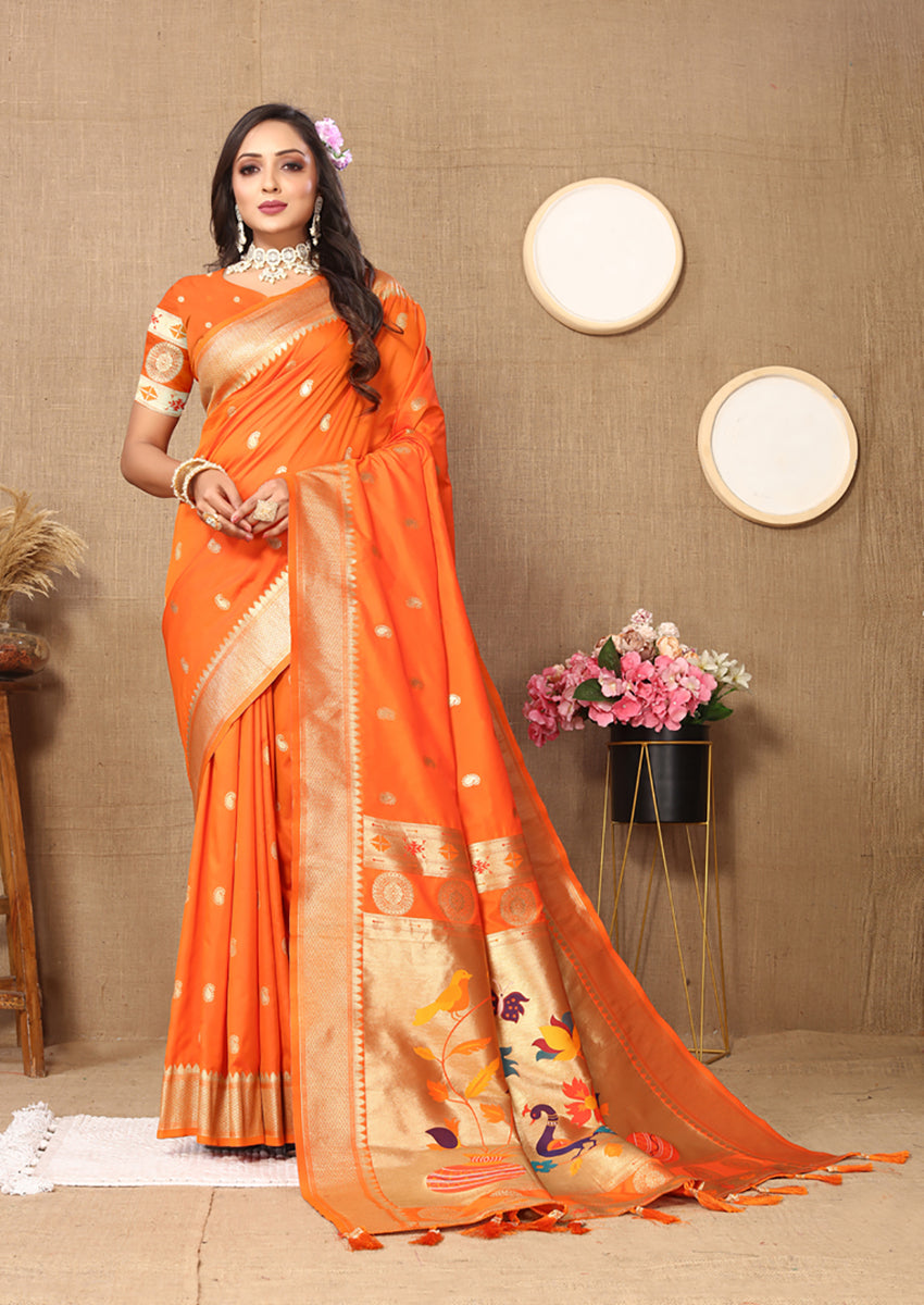 Lorenvalley Fashion Orange Soft Paithani Silk Woven Design Rich Zari Meenakari Weaving Saree | Grocsy
