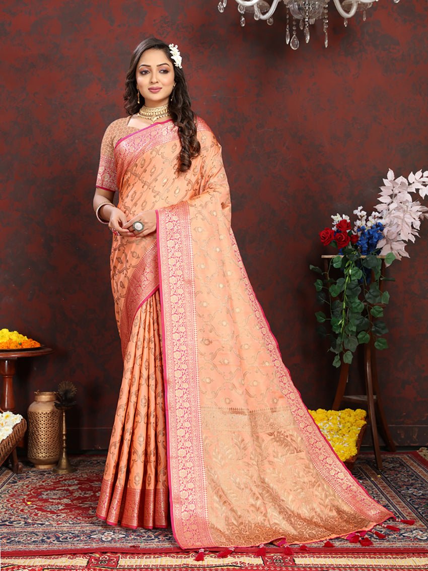 Lorenvalley Fashion Orange Soft Katan Silk Woven Design Rich Zari Weaving Pallu Saree | Grocsy