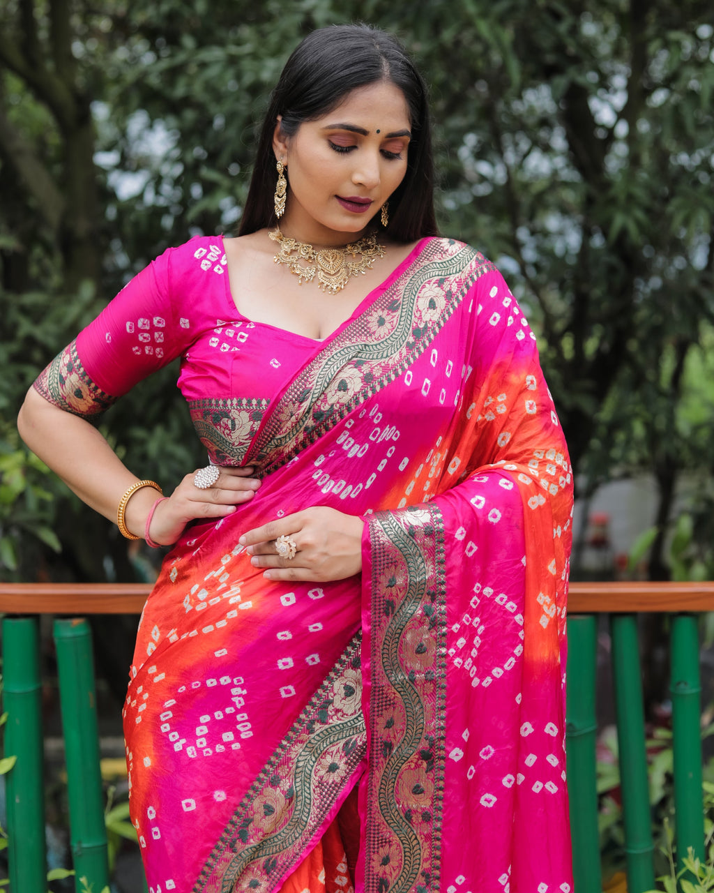 Lorenvalley Premium Pure Bandhej Tapeta Soft light weight silk saree with zari weaving Border - Multicolor | Grocsy