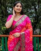 Lorenvalley Premium Pure Bandhej Tapeta Soft light weight silk saree with zari weaving Border - Multicolor | Grocsy