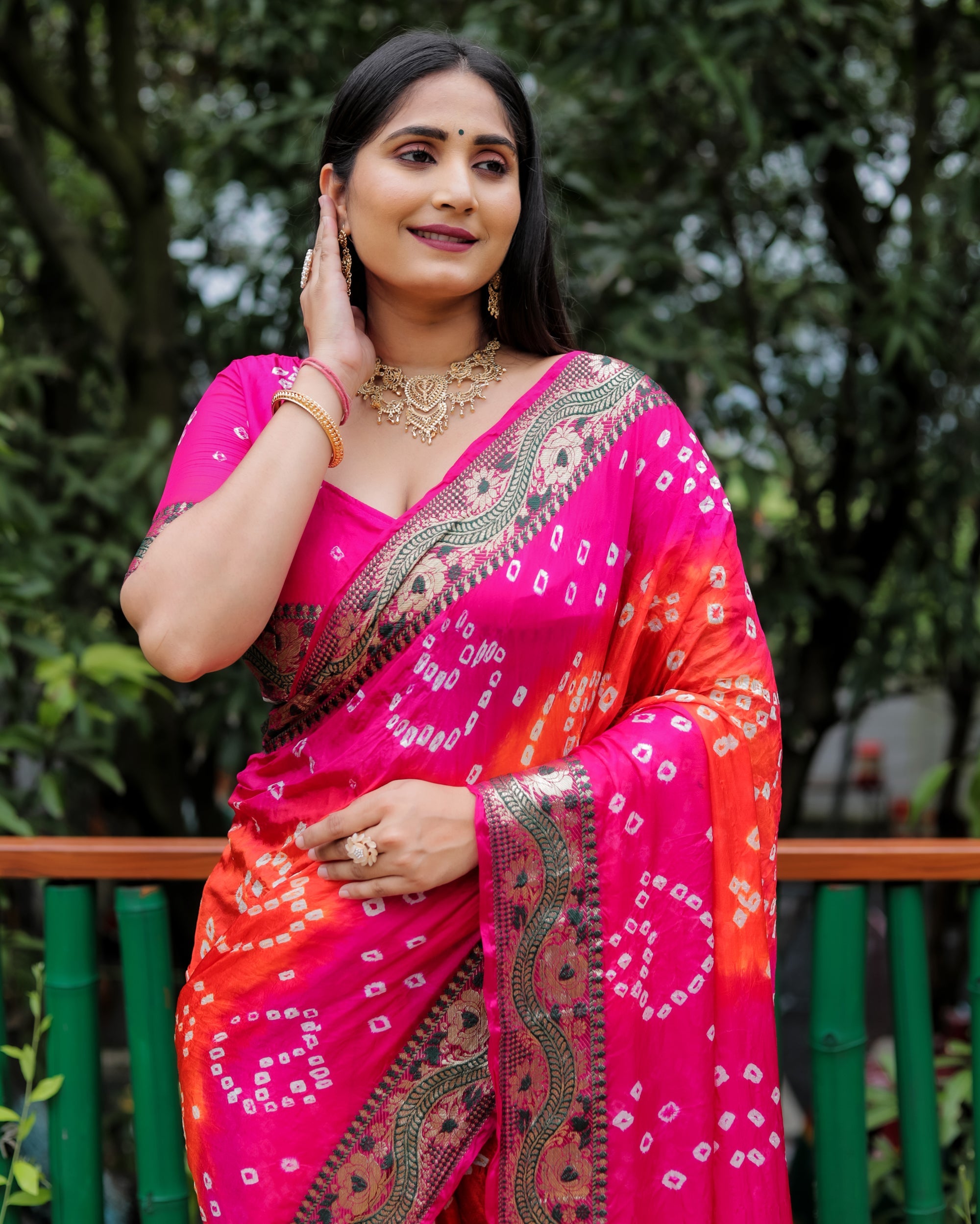 Lorenvalley Premium Pure Bandhej Tapeta Soft light weight silk saree with zari weaving Border - Multicolor | Grocsy