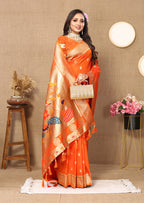 Lorenvalley Fashion Orange Soft Paithani Silk Woven Design Rich Zari Meenakari Weaving Saree | Grocsy