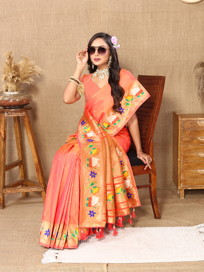 Lorenvalley Fashion Orange Soft Paithani Silk Woven Design Rich Zari Meenakari Weaving Saree | Grocsy