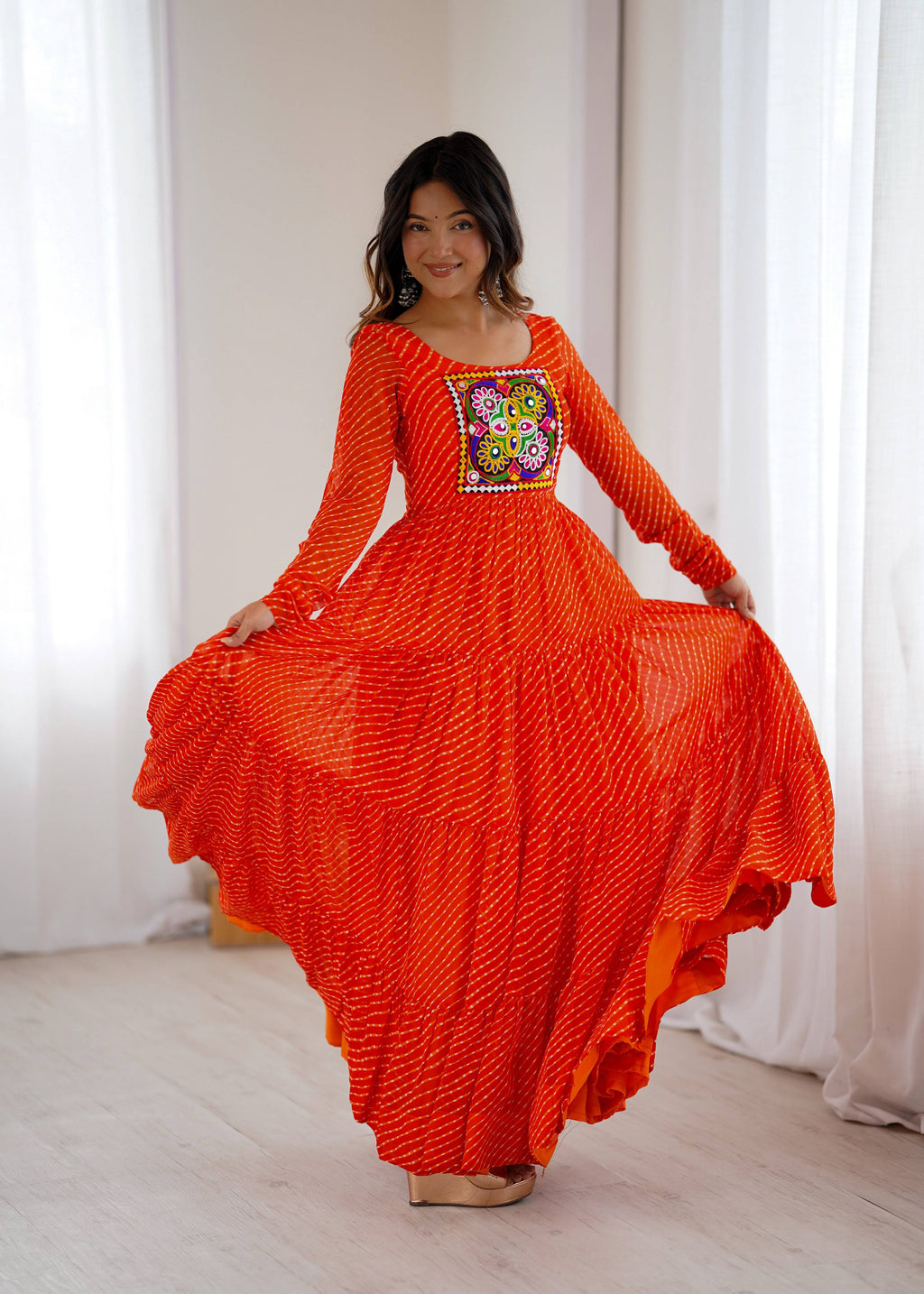 Lorenvalley Fashion Women Pure Soft Faux Georgette Leheriya Print Anarkali Gown | Grocsy
