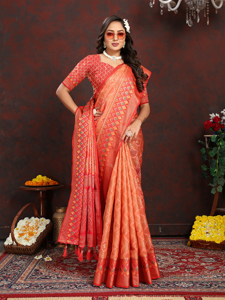 Lorenvalley Fashion Orange Organza Silk Woven Design with Rich Meenakari Weaving Pallu Saree | Grocsy