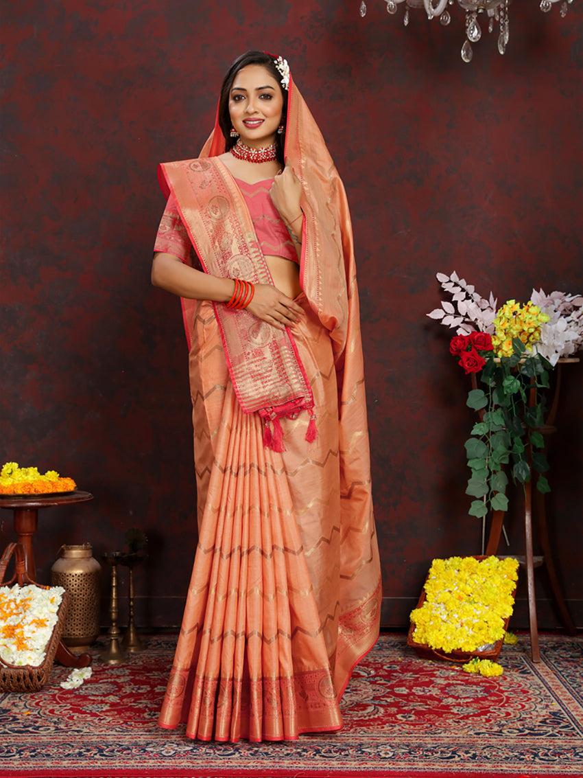 Lorenvalley Fashion Orange Soft Katan Silk Woven Design Zari Weaving Pallu Saree | Grocsy