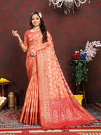 Lorenvalley Fashion Orange Organza Silk Woven Design with Rich Meenakari Weaving Pallu Saree | Grocsy