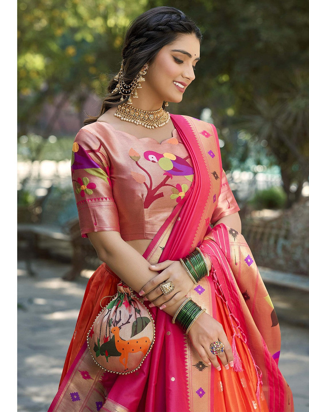 Lorenvalley Orange Jacquard Silk Paithani Weaving Zari Lehenga Choli with Dupatta | Grocsy