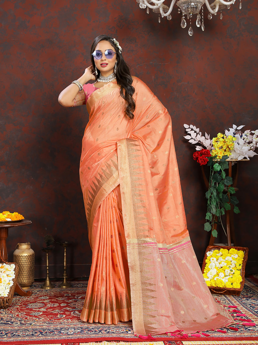 Lorenvalley Fashion Orange Soft Katan Silk Woven Design Zari Weaving Pallu Saree | Grocsy
