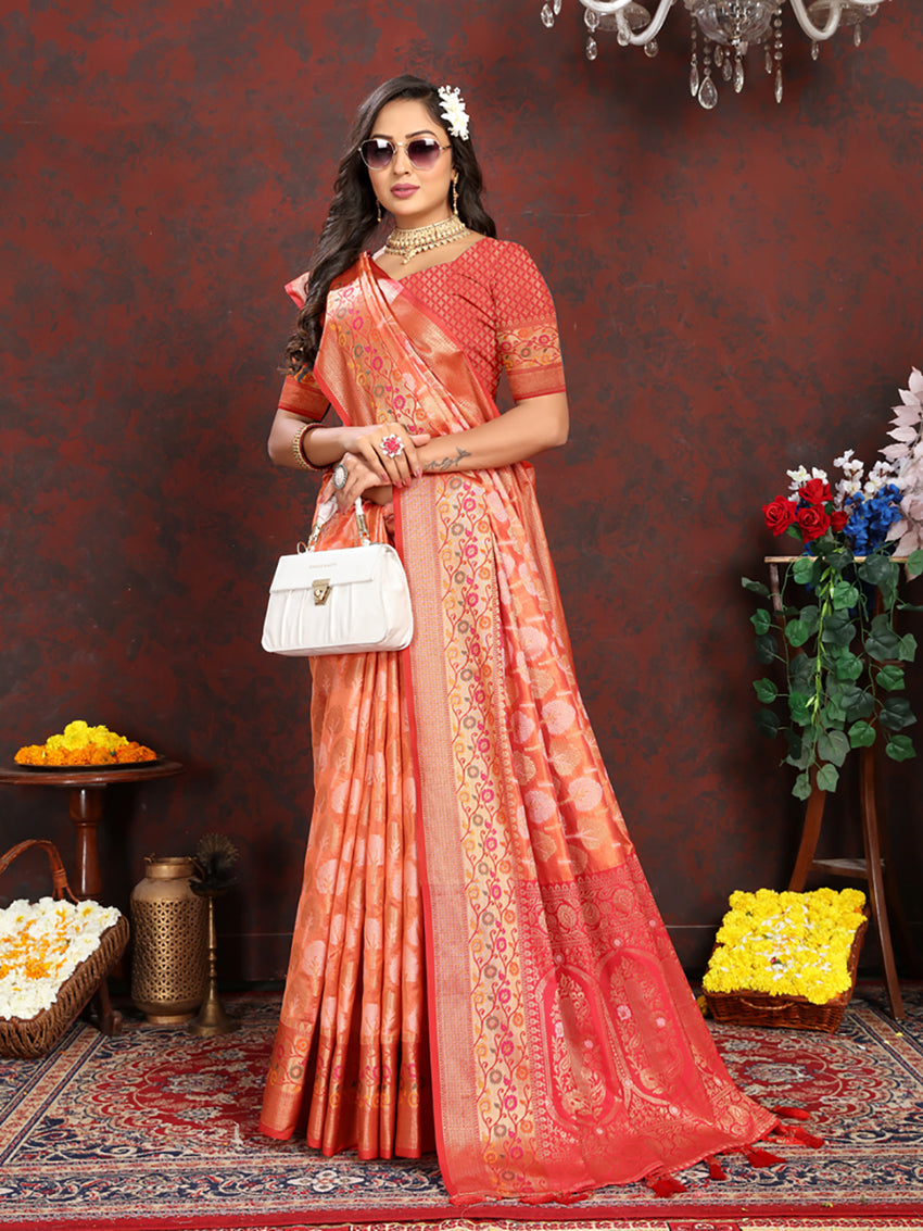 Lorenvalley Fashion Orange Organza Silk Woven Design with Rich Meenakari Weaving Pallu Saree | Grocsy