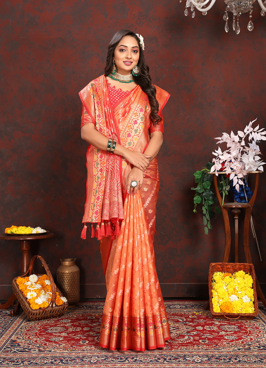 Lorenvalley Fashion Orange Organza Silk Woven Design with Rich Meenakari Weaving Pallu Saree | Grocsy