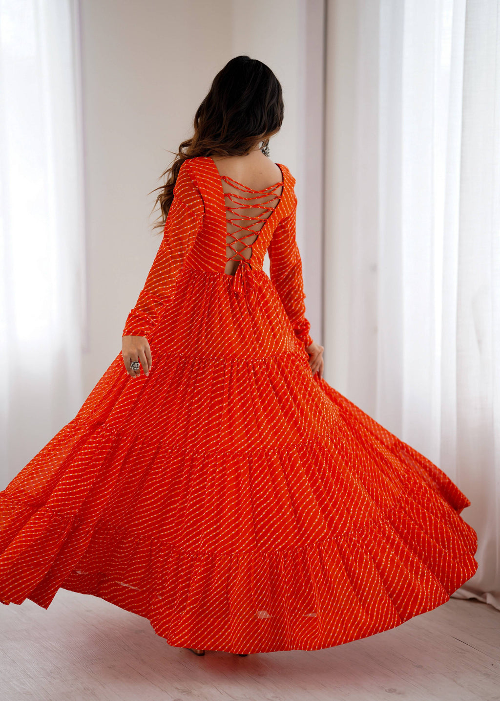 Lorenvalley Fashion Women Pure Soft Faux Georgette Leheriya Print Anarkali Gown | Grocsy