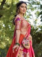 Lorenvalley Orange Jacquard Silk Paithani Weaving Zari Lehenga Choli with Dupatta | Grocsy