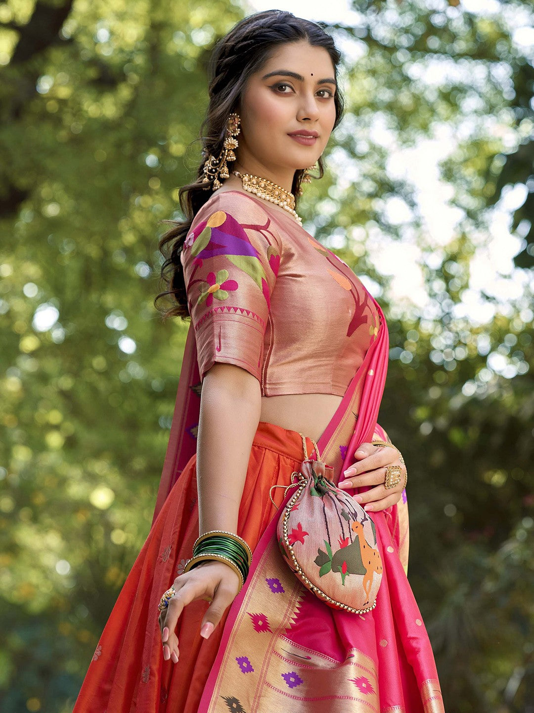 Lorenvalley Orange Jacquard Silk Paithani Weaving Zari Lehenga Choli with Dupatta | Grocsy