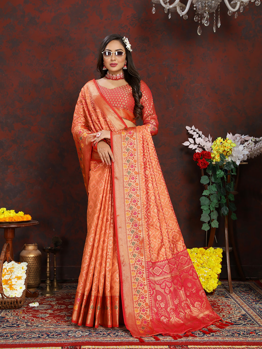Lorenvalley Fashion Orange Organza Silk Woven Design with Rich Meenakari Weaving Pallu Saree | Grocsy