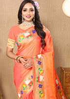 Lorenvalley Fashion Orange Soft Paithani Silk Woven Design Rich Zari Meenakari Weaving Saree | Grocsy