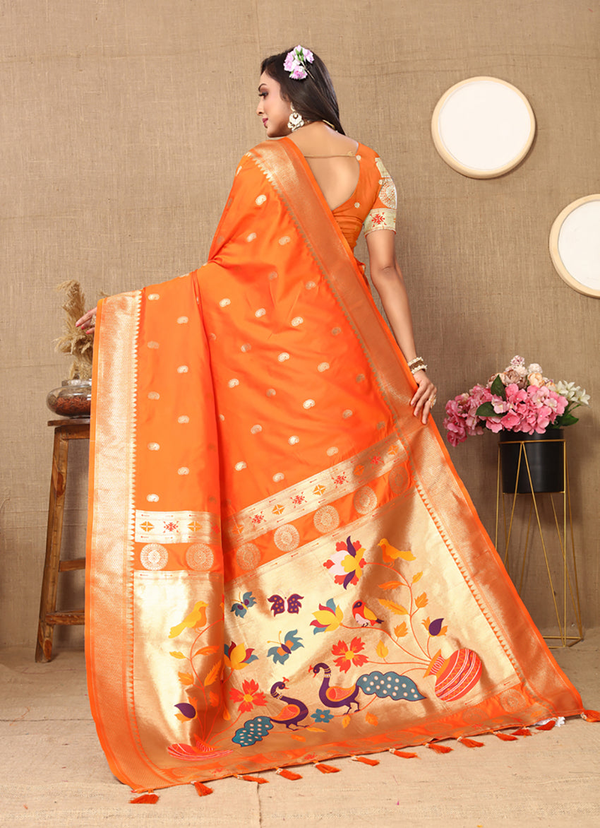 Lorenvalley Fashion Orange Soft Paithani Silk Woven Design Rich Zari Meenakari Weaving Saree | Grocsy