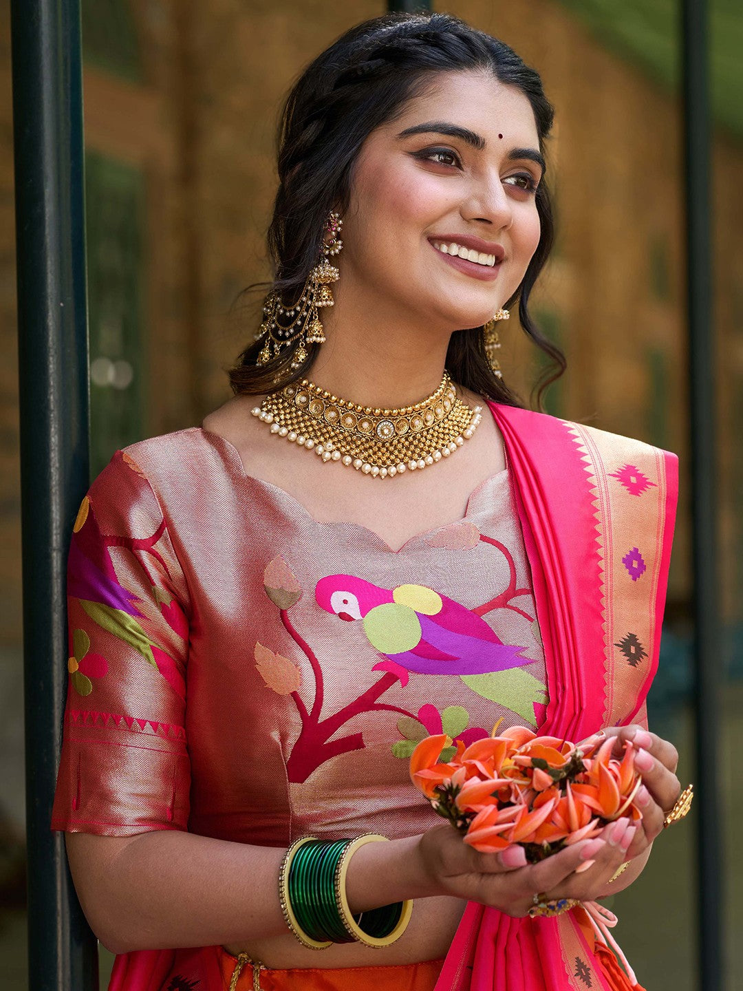 Lorenvalley Orange Jacquard Silk Paithani Weaving Zari Lehenga Choli with Dupatta | Grocsy