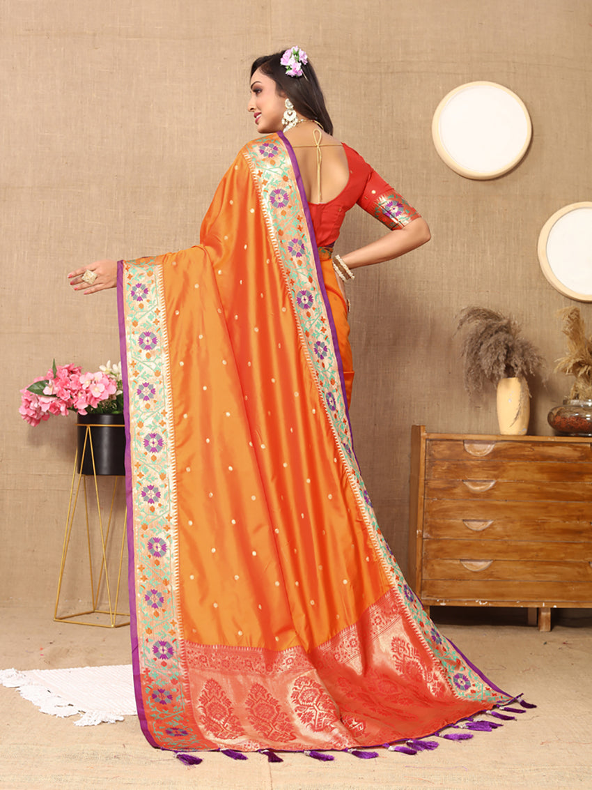 Lorenvalley Fashion Orange Soft Paithani Silk Woven Design Rich Meenakari Zari Weaving Pallu Saree | Grocsy