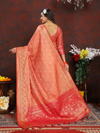 Lorenvalley Fashion Orange Organza Silk Woven Design with Rich Meenakari Weaving Pallu Saree | Grocsy