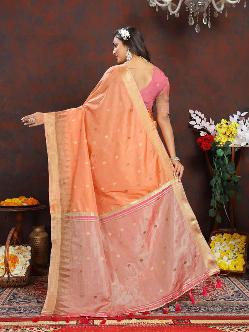 Lorenvalley Fashion Orange Soft Katan Silk Woven Design Zari Weaving Pallu Saree | Grocsy