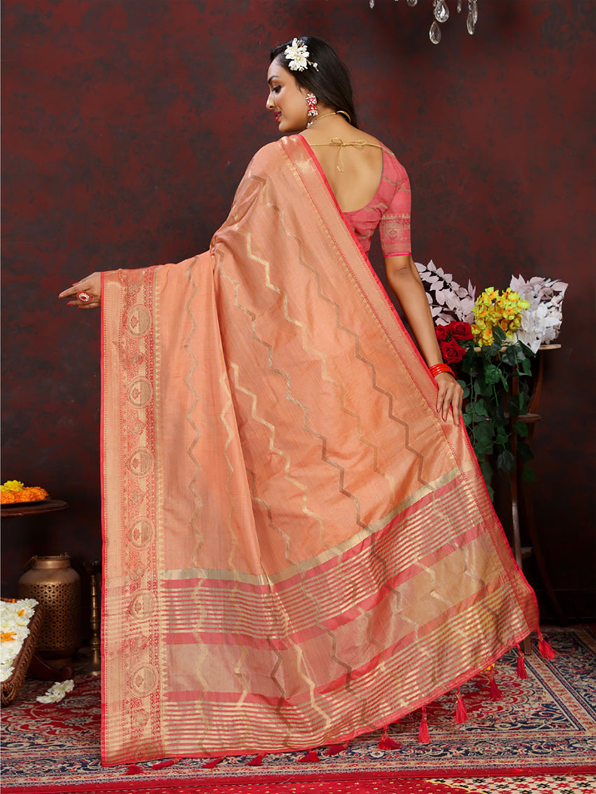 Lorenvalley Fashion Orange Soft Katan Silk Woven Design Zari Weaving Pallu Saree | Grocsy